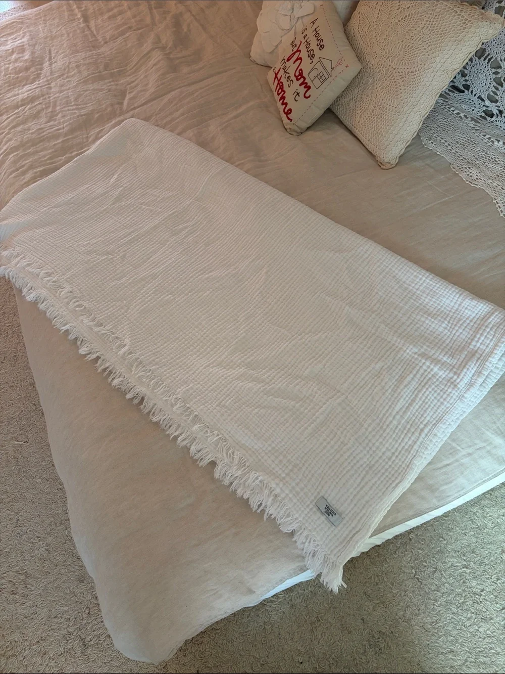 Williams Sonoma Home White Waffle Fringe Throw Blanket